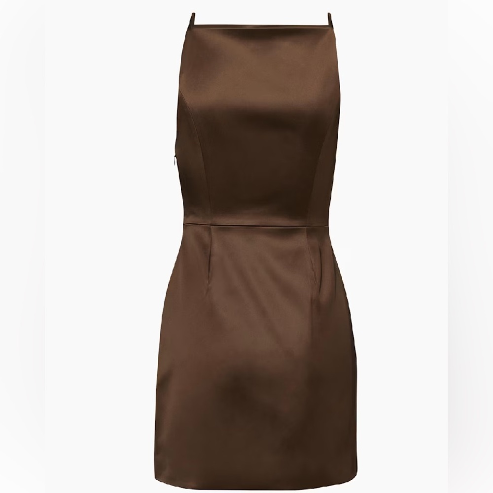 Aritzia Satin Silk Brown Mini Dress Square High Neck - Picture 2 of 10